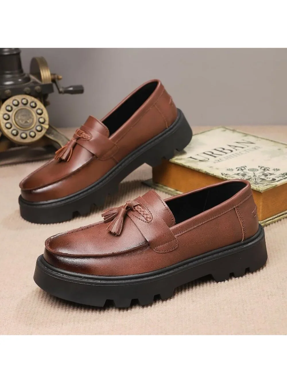 Men's Brown Patent Leather Loafers Chunky Heel Tassel Slip On Dress Shoes